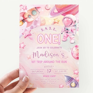 Editable Space Birthday Invitation First Trip Around The Sun Space Birthday Girl Party Invitation Pink Galaxy Birthday Invite 1st Trip