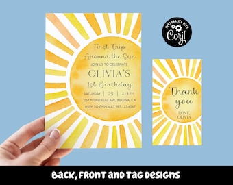 Editable First Trip Around The Sun Birthday Invitation 1st Birthday Sunshine Birthday Boho Download Printable Template Digital Sun Invite S1