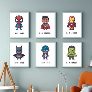 NURSERY SUPEREROE NERO Art Set di 6 bambini colorati camera vivaio luminoso stampe download digitale stampabile parete opera d'arte Baby Shower Art Decor