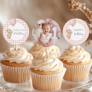 Beary First Birthday Bear Cupcake Toppers Girl Birthday Party 1st Birthday Toppers Bear Decorations Teddy Bear Toppers Bear Decor