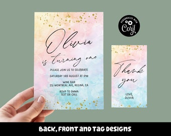 Rainbow Watercolor Birthday Invitation with Gold Glitter (Printable Editable)