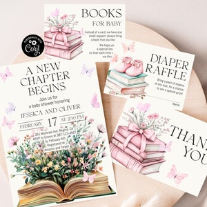 New Chapter Begins Baby Shower Bundle Blue Storybook Baby Shower Set Wildflower Butterfly Themed Party Suite Template Storybook Bundle NC2
