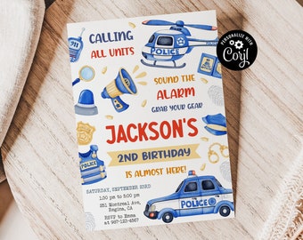 May include: A blue and yellow police-themed birthday invitation for a boy's 2nd birthday party. The invitation features a cartoon police car, helicopter, and other police-related imagery. The text on the invitation reads "Calling all units, Sound the alarm, Grab your gear, Jackson's 2nd Birthday is almost here!"  The invitation also includes the date, time, and location of the party.