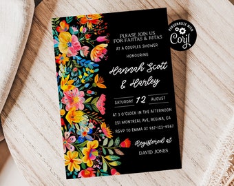 Pode incluir: Convite preto e branco com borda floral colorida. O convite é para um chá de panela de casais em homenagem a Hannah Scott & Harley. O evento é no sábado, 72 de agosto, às 15h. O endereço é 251 Montreal Ave, Regina, CA. RSVP para Emma no 987-123-4567. Registrado em David Jones.