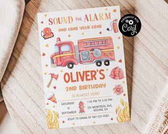 May include: A red fire truck with a ladder and the number 767 on the side. The truck is surrounded by flames and other fire-themed illustrations. The text "SOUND THE ALARM AND GRAB YOUR GEAR" is at the top of the invitation. The text "OLIVER'S 2ND BIRTHDAY IS ALMOST HERE!" is in the center of the invitation. The invitation also includes the date, time, and location of the party.