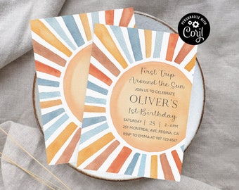 Invitation d'anniversaire premier voyage autour du soleil modifiable 1er anniversaire soleil anniversaire Boho Télécharger modèle imprimable Digital Sun inviter S2