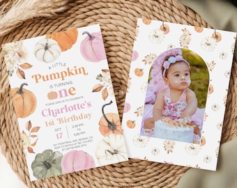 Girl Little Pumpkin First Birthday Invitation Editable Our Little Pumpkin Invitation 1st Birthday Photo Invite Fall Pink Pumpkin Invite P19