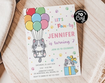 Invito di compleanno per gatti modificabile, invito per gattini stampabile, invito digitale, inviti per animali domestici, modello per bambini modificabile, biglietto da scaricare immediatamente