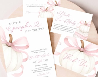 Fall Baby Shower Bundle, Pink Bow Pumpkin Invitation (Editable Download) P30