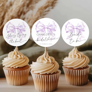 She&#39;s Tying the Knot Bridal Shower Cupcake Toppers Purple Bow Toppers Purple Bow Decorations Purple Bride Decor Coquette Cupcakes B22