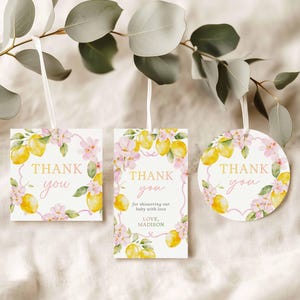 Modelo de lembrancinhas para chá de bebê de menina, lembrancinhas cítricas para convidados, cartão de agradecimento com limão, lembrancinhas para chá de bebê de menina, presentes, etiquetas de lembrancinhas para chá de bebê rosa MS3