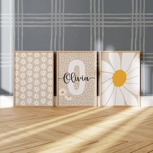 Editable Daisy Print Set Of 3 daisy wall art nursery print personalised name print flower print neutral girls room prints PRINTABLE WALL ART