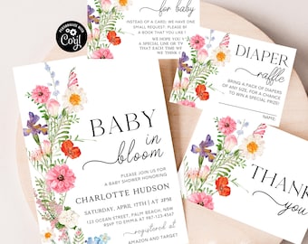 May include: Baby shower invitation with floral design. The invitation reads "Baby in Bloom" and includes the date, time, and location of the shower. It also includes the name of the guest of honor, Charlotte Hudson, and the registry information. The invitation is decorated with a watercolor floral design in shades of pink, red, white, and blue.