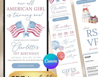 All American Girl 1st Birthday Invitation, 4th July Party (Digital Download)