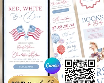 Fourth of July Baby Shower Invitation, All American, Red White and Due (Digital Download)