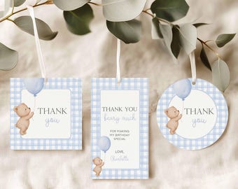 Etiqueta de agradecimiento Beary, etiquetas de regalo para niño, etiquetas azules de agradecimiento de cumpleaños, etiqueta de regalo para el primer cumpleaños de Beary, etiqueta de regalo, etiqueta de cumpleaños editable TB8