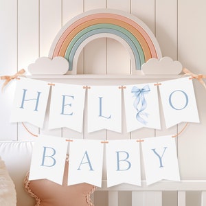 Blue Bow Banner Bow Hello Baby Banner Blue Bow Garland Baby Shower Banner Blue Bow Decorations Baby Shower Decor Banner Sign B20