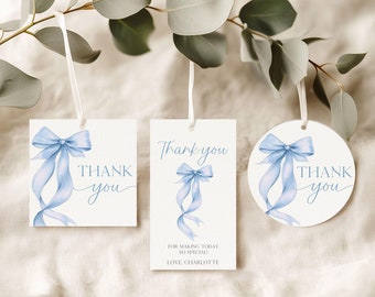 Etiqueta de agradecimento com laço azul para lembrancinha de casamento, ideal para chá de panela, com fita estilo coquete e tema de despedida de solteira (B18).