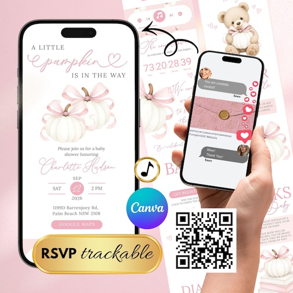 Ein kleiner Kürbis - Babyparty-Einladung - Herbst-Design mit rosa Schleife (Digitaler Download)