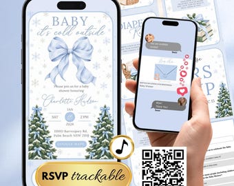 Winter Baby Shower Website Invite, Baby It's Cold Outside Invitation, Blue Bow, Snowflakes, Teddy Bear (Canva Template)