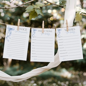 Carte de conseils pour baby shower avec noeud bleu et prédictions de voeux de baby shower, jeux modifiables Jeux de baby shower avec noeud bleu imprimable B20