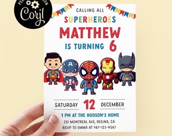 Editable Superheroes Birthday Invitation Template Printable Birthday Party Invitation Kids Party Invite Template Superhero Bday Card sh1