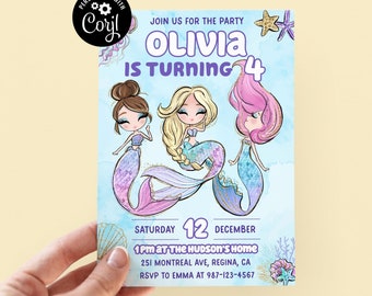 Modèle modifiable d'invitation d'anniversaire de sirène La petite sirène sous la mer Fille magique rose pourpre inviter Téléchargement instantané Anniversaire de fille