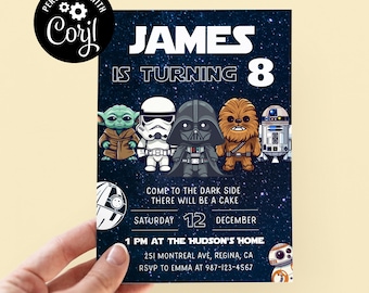 Bewerkbare Star War verjaardagsuitnodiging sjabloon Afdrukbare verjaardagsfeestje uitnodiging Digitale Kids Party uitnodiging sjabloon Starwars Bday Card sw1