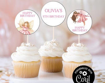 Editable Set of 12 Fairy Birthday Cupcake Toppers Girl Birthday Cupcake Toppers Pink Digital Toppers f1