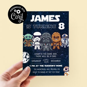 Modèle modifiable d'invitation d'anniversaire Star War Invitation de fête d'anniversaire imprimable Modèle d'invitation de fête d'enfants numérique Carte d'anniversaire Starwars sw1 image 1