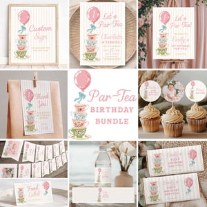 May include: A collection of party supplies with a pink and green tea party theme. Includes invitations, signs, cupcake toppers, water bottle labels, and chocolate bar wrappers. Each item features stacked teacups, a balloon, and the text "Par-Tea".