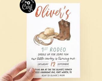 Editable 1st Rodeo Birthday Invitation Template Our Little Cowboy is One Wild West My First Rodeo Bday Western Printable Instant Download