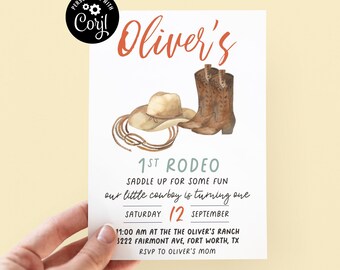 Editable 1st Rodeo Birthday Invitation, Wild West Cowboy (Digital Download)