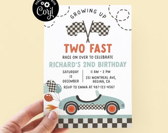Editable TWO Fast Birthday Invitation Race Car 2nd Birthday Invite Racing Car Vintage Race Car Printable Template Instant Download RC1