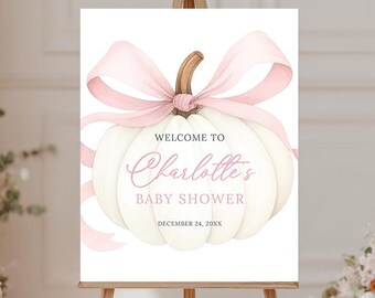Pumpkin Baby Shower Welcome Sign, Pink Bow Fall Sign Canva Template (Digital Download) P30