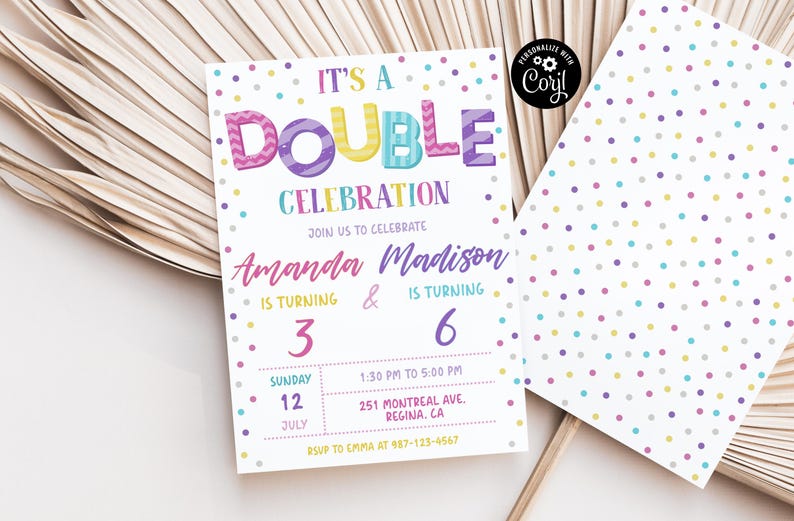 K&ouml;nnte beinhalten: Eine farbenfrohe Einladung zu einer Doppelgeburtstagsfeier. Es ist eine Doppelfeier, Feiern Sie mit uns Amanda, die 3 Jahre alt wird & Madison, die 6 Jahre alt wird. Sonntag, 12. Juli, 13:30 Uhr bis 17:00 Uhr, 251 Montreal Ave, Regina, CA. RSVP an Emma unter 887-123-4567.