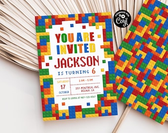May include: A colorful invitation for a birthday party with a Lego theme. The invitation features a Lego brick pattern border and the text "You are invited Jackson is turning 6". The invitation includes the date, time, and location of the party.