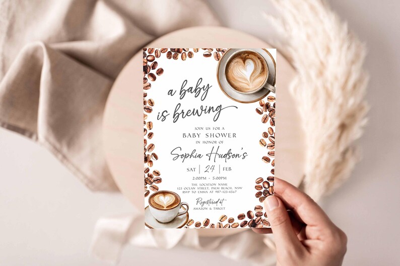 Baby Is Brewing Shower Invitation, Coffee Latte Theme (Editable Canva Template, Instant Download) image 11