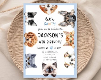 Editable Cat & Dog Birthday Invitation, Puppy Pawty (Digital Download, 5x7" PDF or JPEG Format)