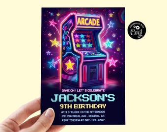 Invitación de cumpleaños con temática de arcade neón, fiesta de juegos luminosos editable (descarga digital)