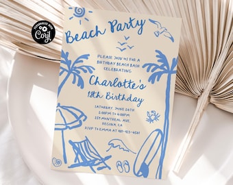 Beach Party Beach Birthday Chic Birthday Hand Drawn Invite Retro Invitation Whimsical Birthday Ocean Party Adult Party Invite
