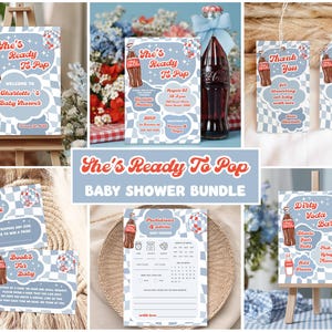 May include: A baby shower bundle with a retro theme. The set includes signs, invitations, and tags with a blue and white checkered pattern and a Coca-Cola bottle illustration. Text includes "She's Ready To Pop" and "Baby Shower Bundle."