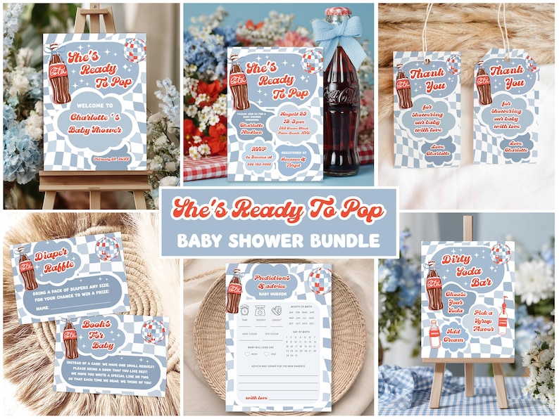 May include: A baby shower bundle with a retro theme. The set includes signs, invitations, and tags with a blue and white checkered pattern and a Coca-Cola bottle illustration. Text includes "She's Ready To Pop" and "Baby Shower Bundle."