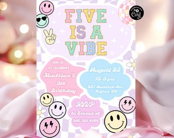Groovy Girl 5th Birthday Invitation Template, Smile Face (Digital Download)