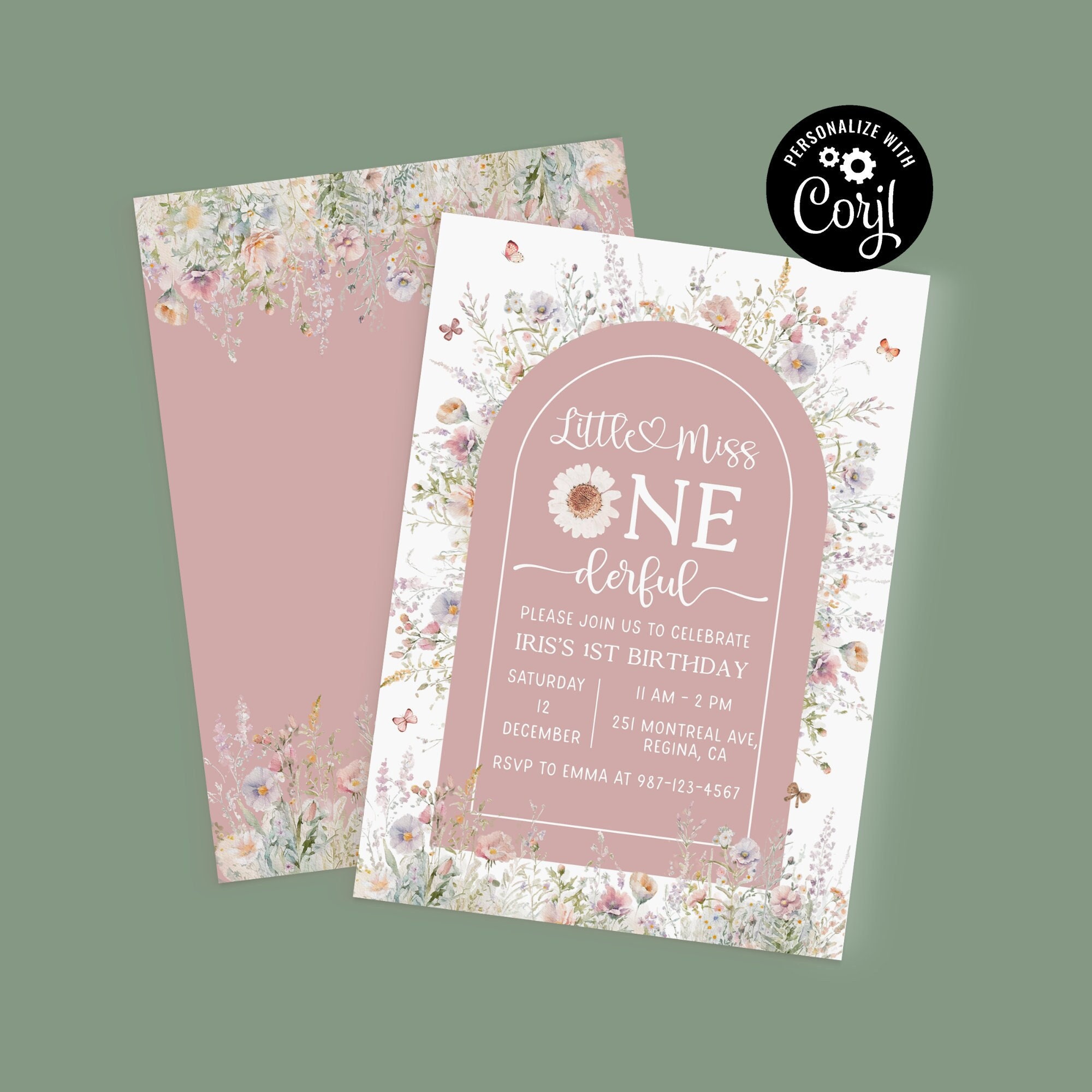 Editable Blush Floral Birthday Invitation Printable First Birthday Invite Boho Birthday Editable Template Little Miss Onederful Baby Girl