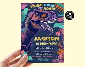Dino 4th Birthday Invitation, T-Rex Party (Digital Download)