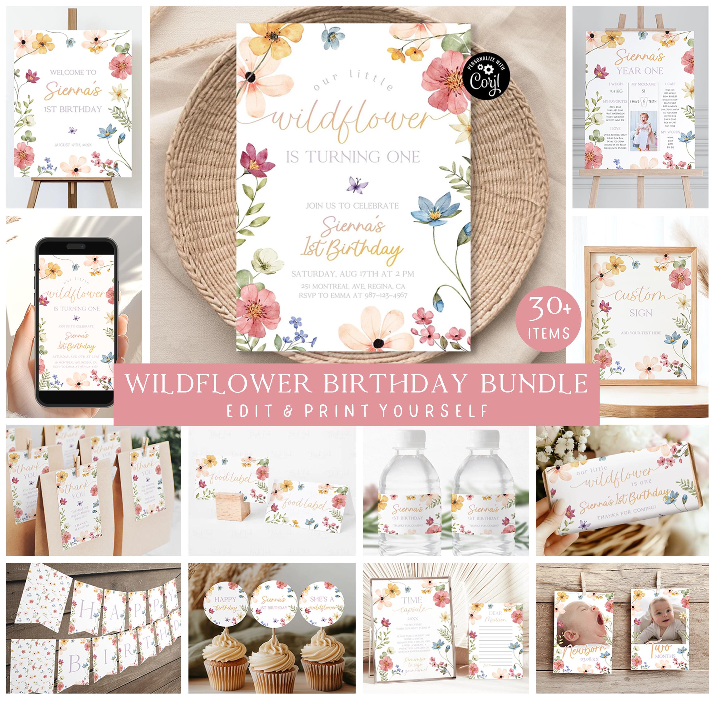 Wildflower Birthday Bundle Template Wild Flower Birthday Pack Girl Wildflower 1st Birthday Bundle Invitation Wildflower Birthday Decor WF3