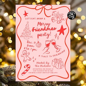 Friendsmas Christmas Party Invitation Template Whimsical Hand Drawn Scribble Festive Cocktail Xmas Holiday Invite Adult Holiday Party