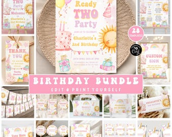 Girl 2nd Birthday Party Bundle: Invitation, Sign, Banner (Digital)