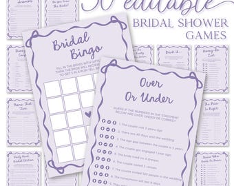 Purple Bridal Shower Games Pack Template Purple Bridal Game Package Wavy Border Games Modern Bridal Games Bundle Purple Hens Party Games Set